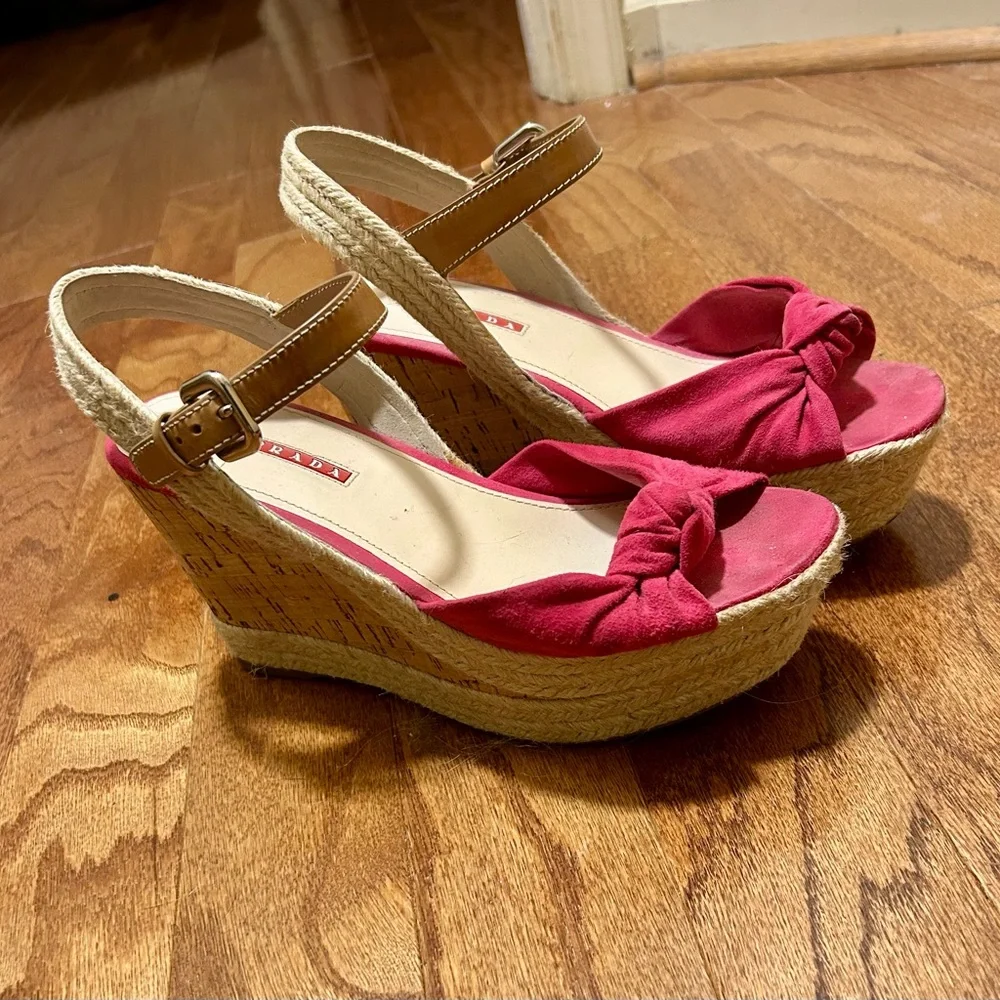 PRADA Raspberry Suede Cork Heel Wedges - Picture 2 of 6